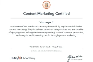 Hubspot content marketing certificate of digital marketing strategist in calicut